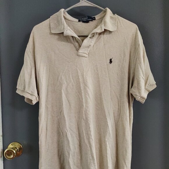 Polo Ralph Lauren Polo Shirt Short Sleeve Men's Medium Beige With Brown Pony - Picture 1 of 8